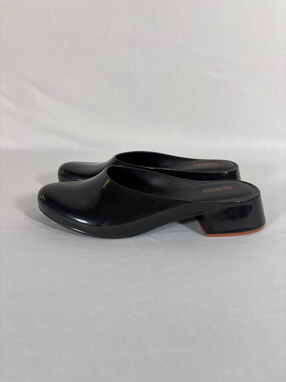 Melissa Black Glossy Jelly Mule Clog Block Heel Slip-On Size 5/5.5 US